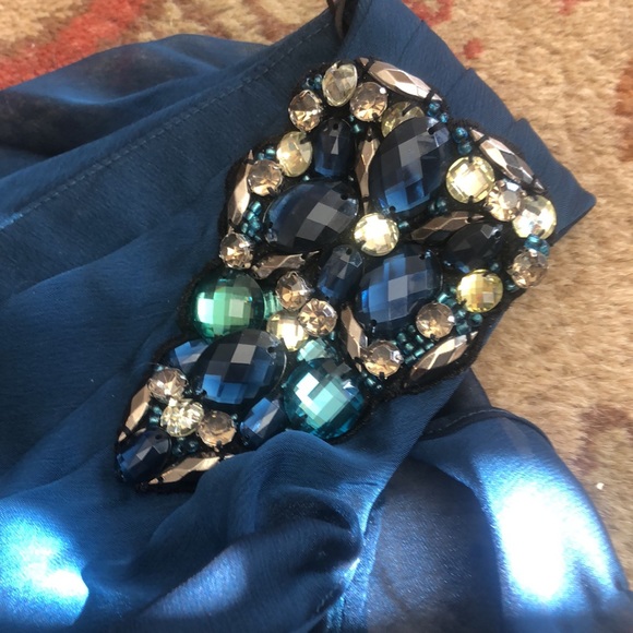 R&M Richards teal to black ombré asym top cocktail dress. Satin&chiffon overlay - Picture 6 of 9